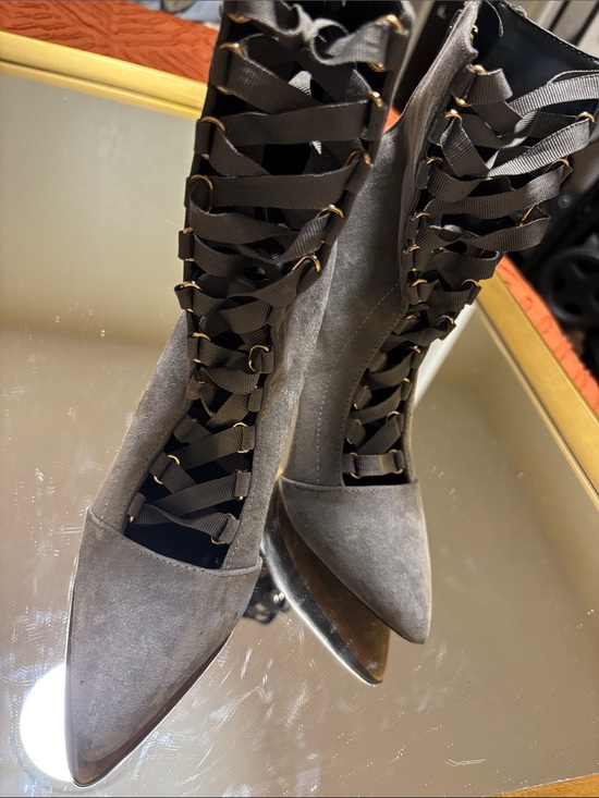 Windsor Shoes - Windsor Gray Suede Lace-Up Pointed-Toe High Heel Boots